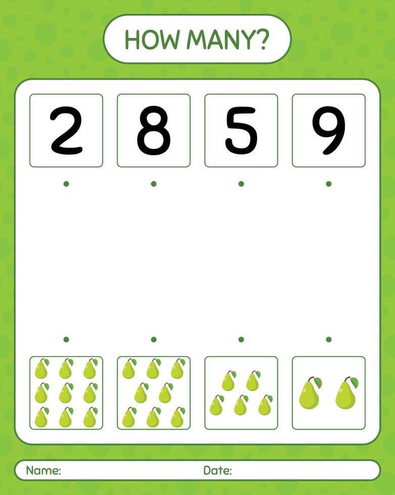 How many counting game with pear. worksheet for preschool kids, kids activity sheet, printable worksheet vector