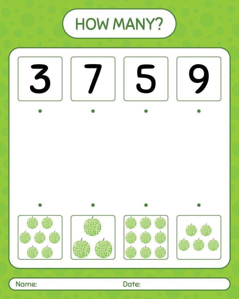 How many counting game with melon. worksheet for preschool kids, kids activity sheet, printable worksheet vector