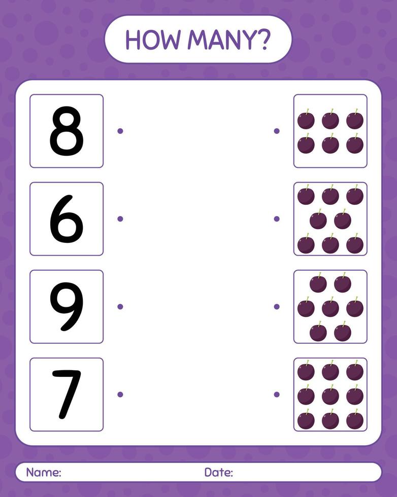 How many counting game with plum. worksheet for preschool kids, kids activity sheet, printable worksheet vector