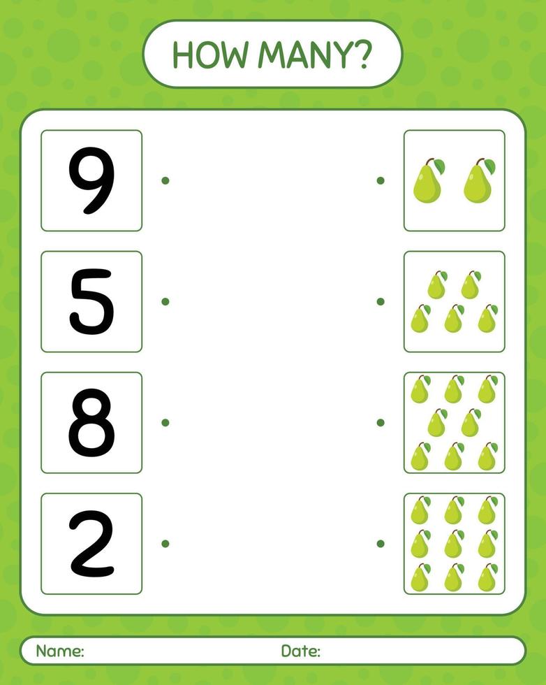 How many counting game with pear. worksheet for preschool kids, kids activity sheet, printable worksheet vector