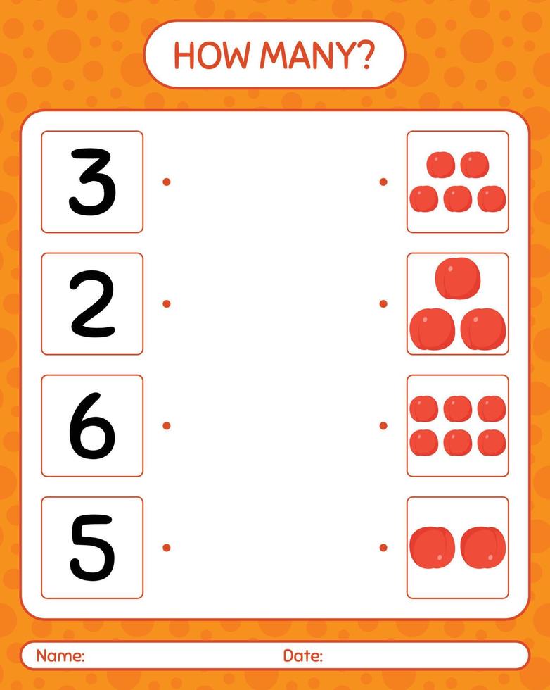 How many counting game with nectarine. worksheet for preschool kids, kids activity sheet, printable worksheet vector