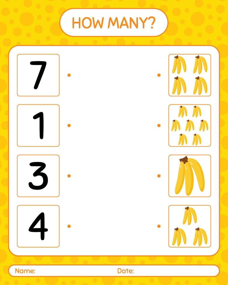 How many counting game with banana. worksheet for preschool kids, kids activity sheet, printable worksheet vector