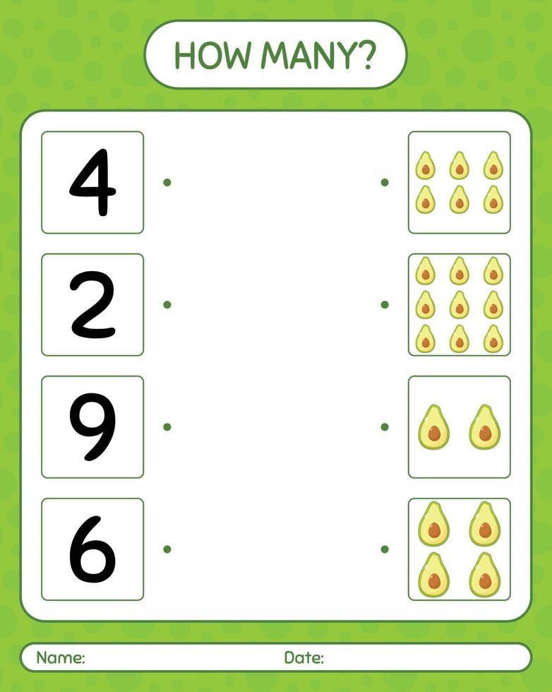 How many counting game with avocado. worksheet for preschool kids, kids activity sheet, printable worksheet vector