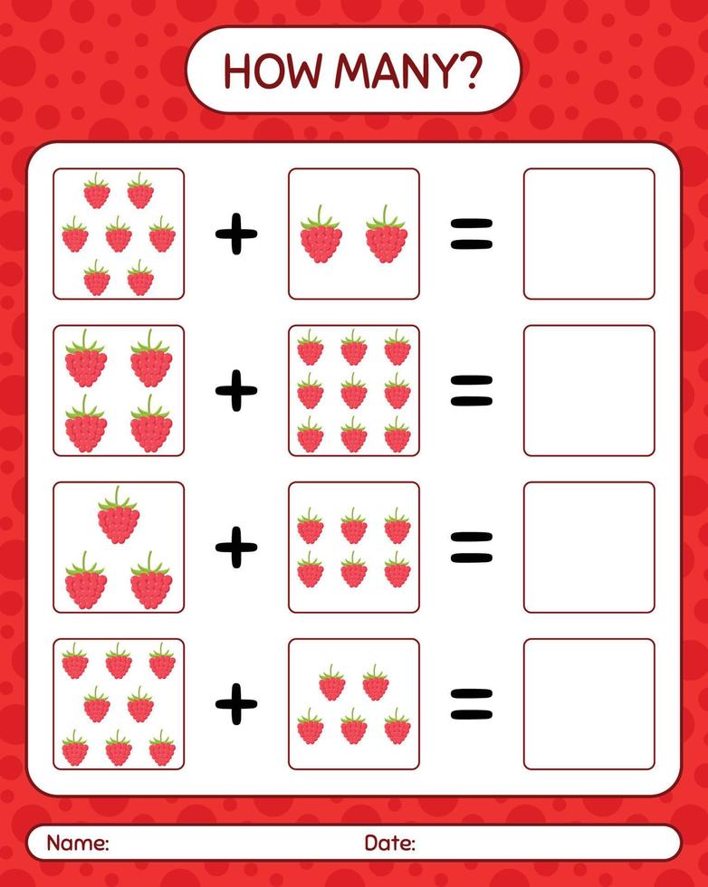How many counting game with raspberry. worksheet for preschool kids, kids activity sheet, printable worksheet vector