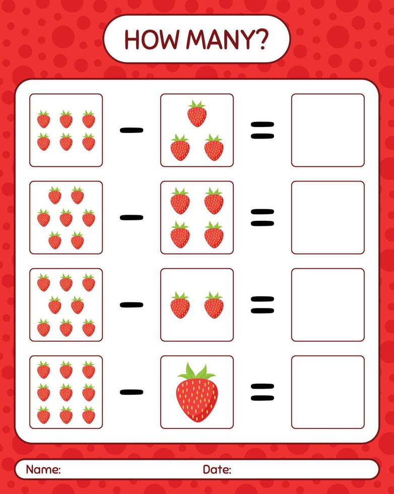 How many counting game strawberry. worksheet for preschool kids, kids activity sheet, printable worksheet vector