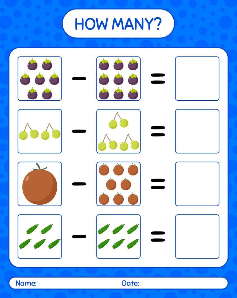 How many counting game with fruit. worksheet for preschool kids, kids activity sheet, printable worksheet vector