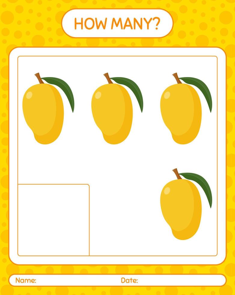 How many counting game with mango. worksheet for preschool kids, kids activity sheet, printable worksheet vector