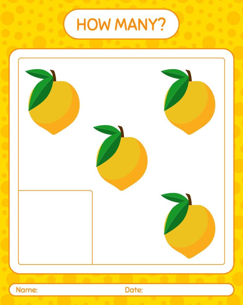 How many counting game with eggfruit. worksheet for preschool kids, kids activity sheet, printable worksheet vector