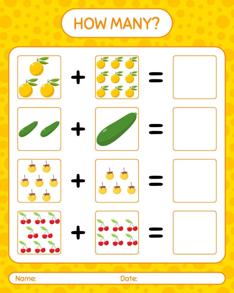 How many counting game with fruit. worksheet for preschool kids, kids activity sheet, printable worksheet vector