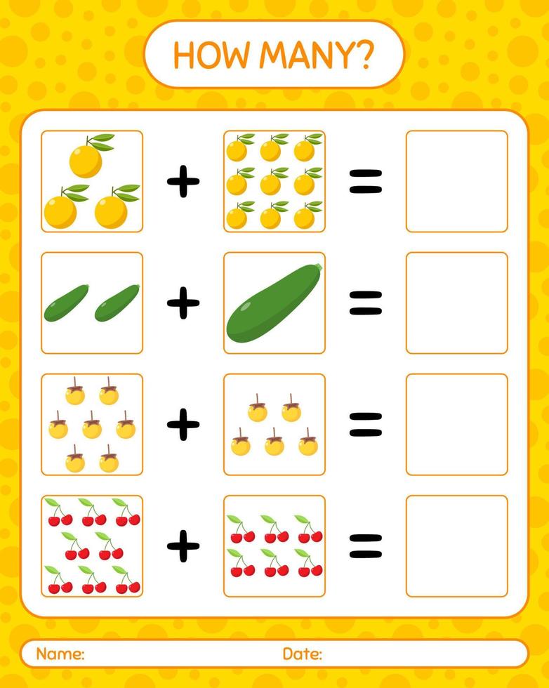 cuántos juegos de conteo con frutas. hoja de trabajo para niños en edad preescolar, hoja de actividades para niños, hoja de trabajo imprimible vector