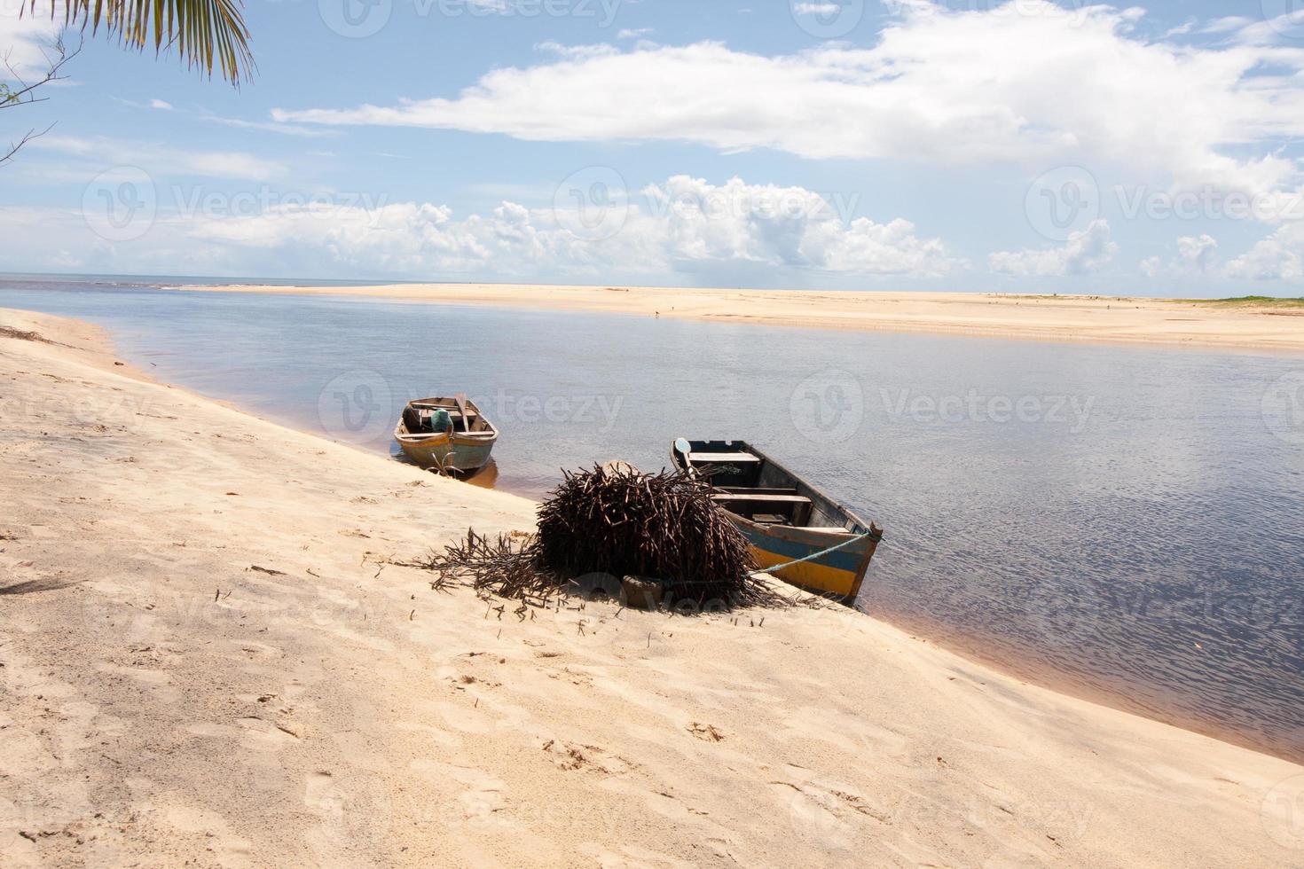 The small wooden boats used to ferry people and tourist across the river to Ponta do Corumbau in Prado, Bahia, Brazil photo