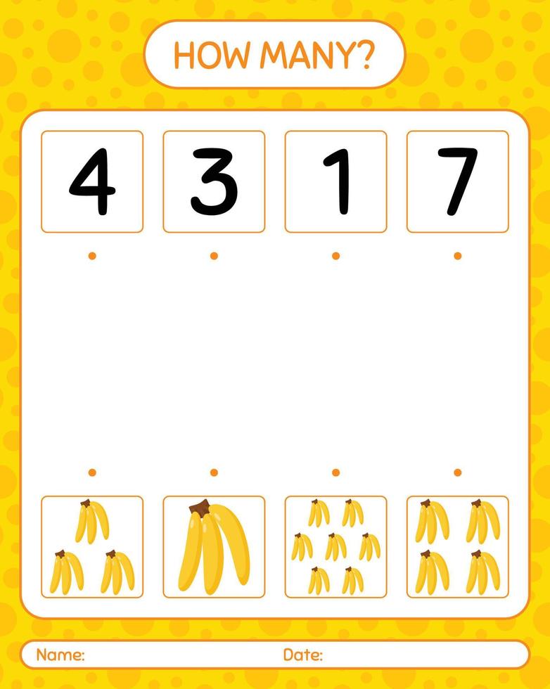 How many counting game with banana. worksheet for preschool kids, kids activity sheet, printable worksheet vector