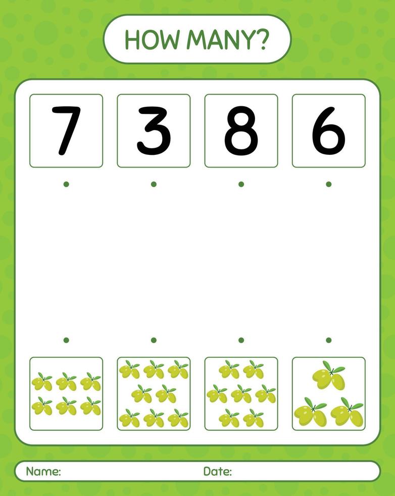 How many counting game with olive. worksheet for preschool kids, kids activity sheet, printable worksheet vector