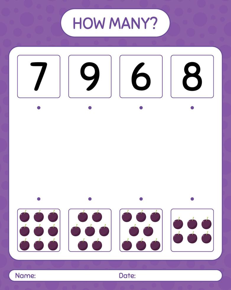 How many counting game with plum. worksheet for preschool kids, kids activity sheet, printable worksheet vector