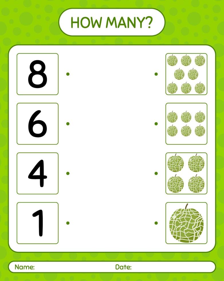 How many counting game with cantaloupe. worksheet for preschool kids, kids activity sheet, printable worksheet vector