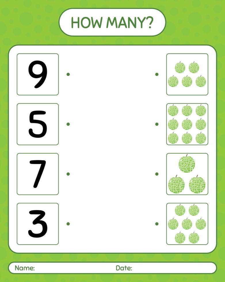 How many counting game with melon. worksheet for preschool kids, kids activity sheet, printable worksheet vector