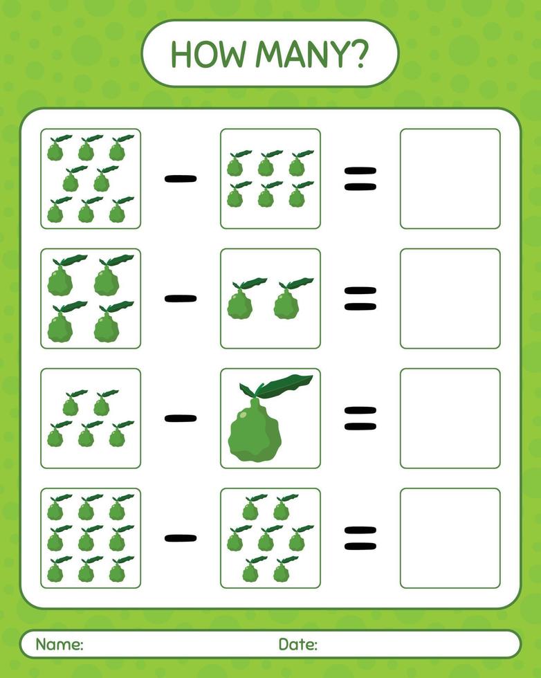 How many counting game kaffir lime. worksheet for preschool kids, kids activity sheet, printable worksheet vector