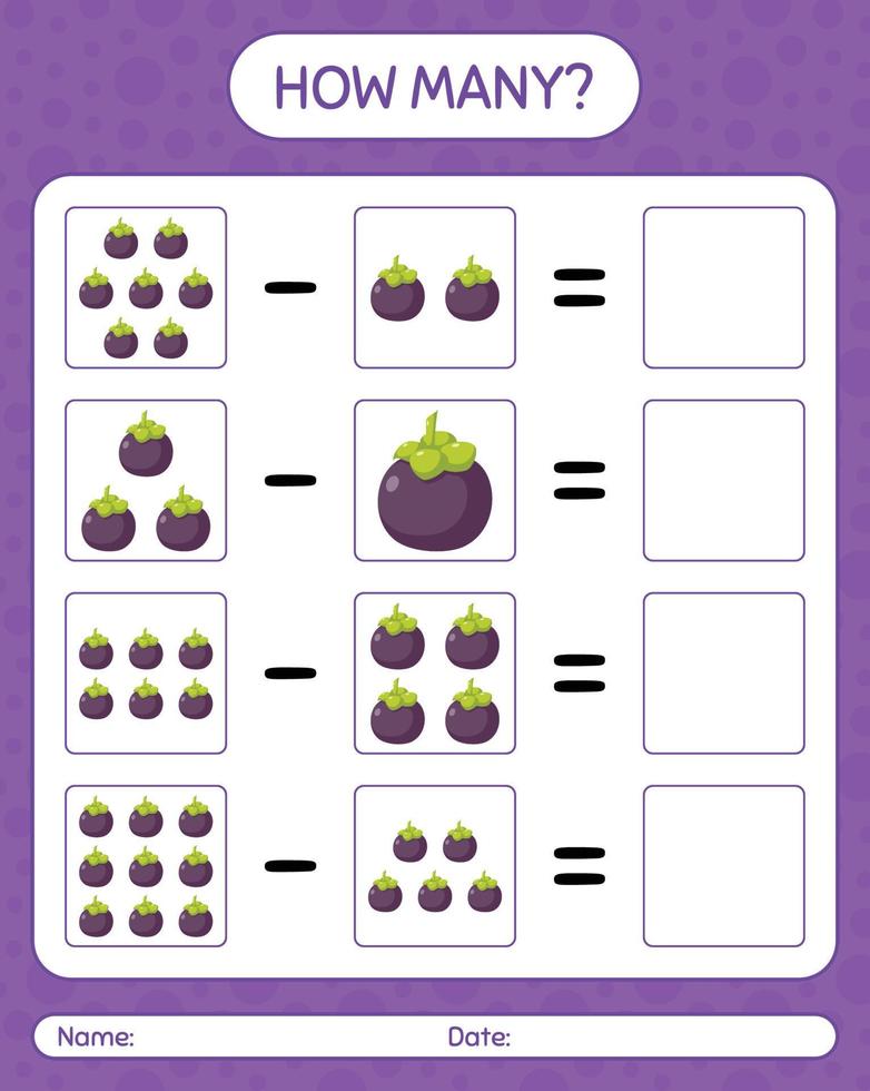 How many counting game mangosteen. worksheet for preschool kids, kids activity sheet, printable worksheet vector