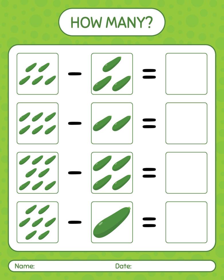 How many counting game zucchini. worksheet for preschool kids, kids activity sheet, printable worksheet vector