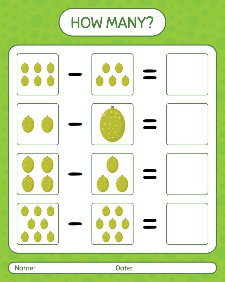 ¿Cuántos juegos de conteo jack fruit? hoja de trabajo para niños en edad preescolar, hoja de actividades para niños, hoja de trabajo imprimible vector