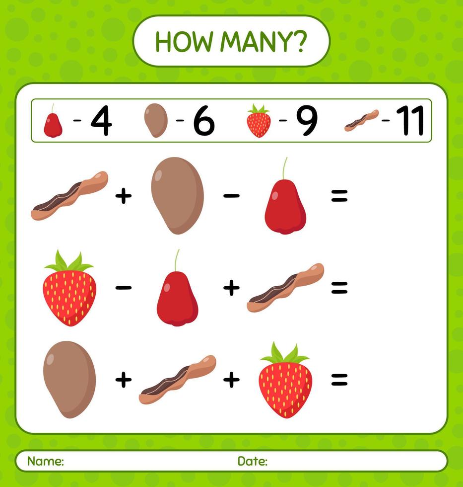 How many counting game with fruit. worksheet for preschool kids, kids activity sheet, printable worksheet vector