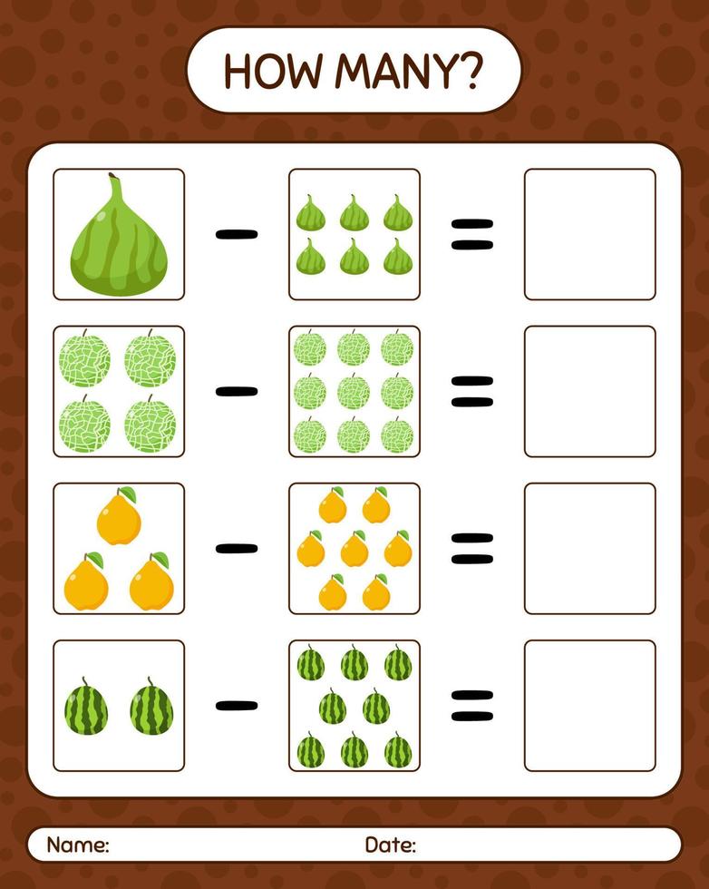 How many counting game with fruit. worksheet for preschool kids, kids activity sheet, printable worksheet vector