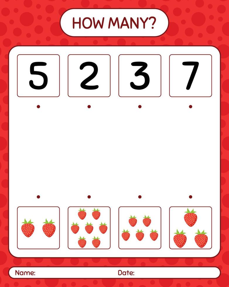How many counting game with strawberry. worksheet for preschool kids, kids activity sheet, printable worksheet vector