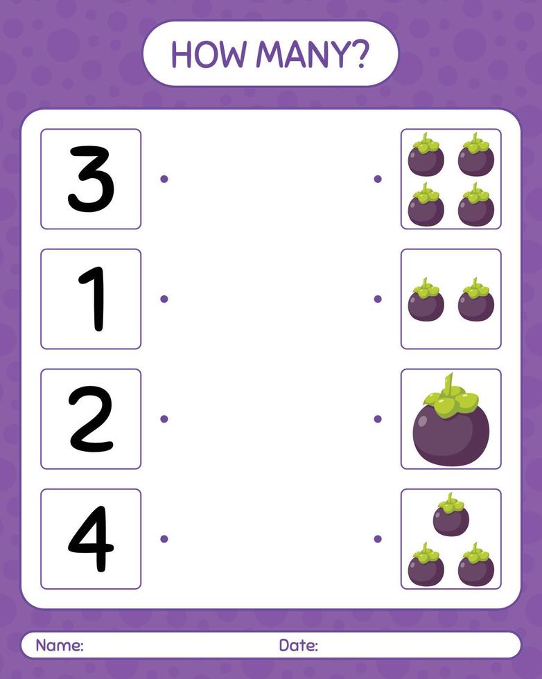 How many counting game with mangosteen. worksheet for preschool kids, kids activity sheet, printable worksheet vector