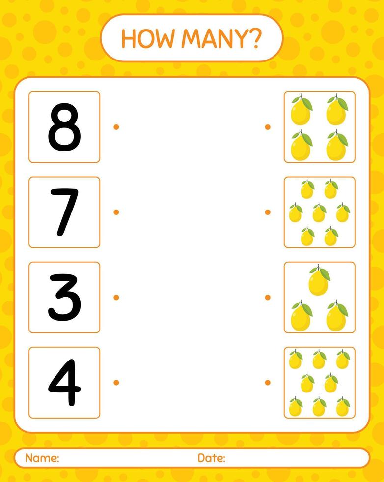 How many counting game with lemon. worksheet for preschool kids, kids activity sheet, printable worksheet vector