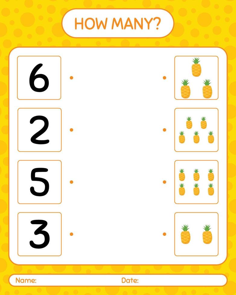 How many counting game with pineapple. worksheet for preschool kids, kids activity sheet, printable worksheet vector