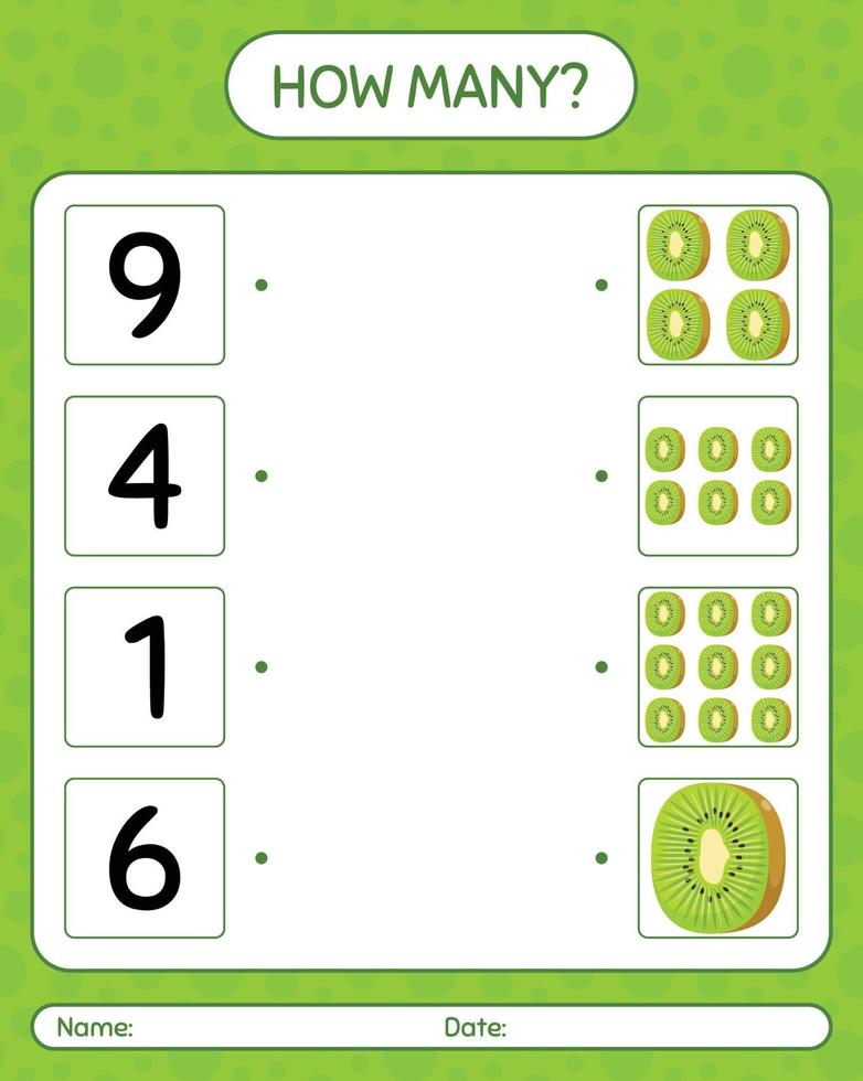 How many counting game with kiwi. worksheet for preschool kids, kids activity sheet, printable worksheet vector
