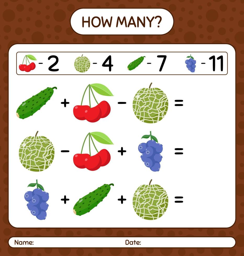 How many counting game with fruit. worksheet for preschool kids, kids activity sheet, printable worksheet vector