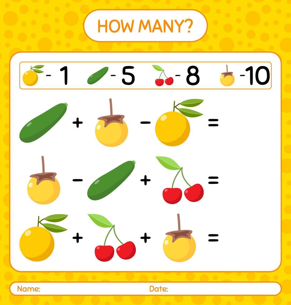 How many counting game with fruit. worksheet for preschool kids, kids activity sheet, printable worksheet vector