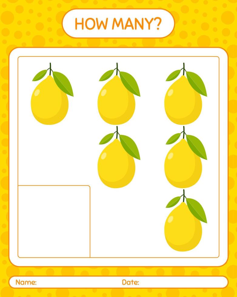 How many counting game with lemon. worksheet for preschool kids, kids activity sheet, printable worksheet vector