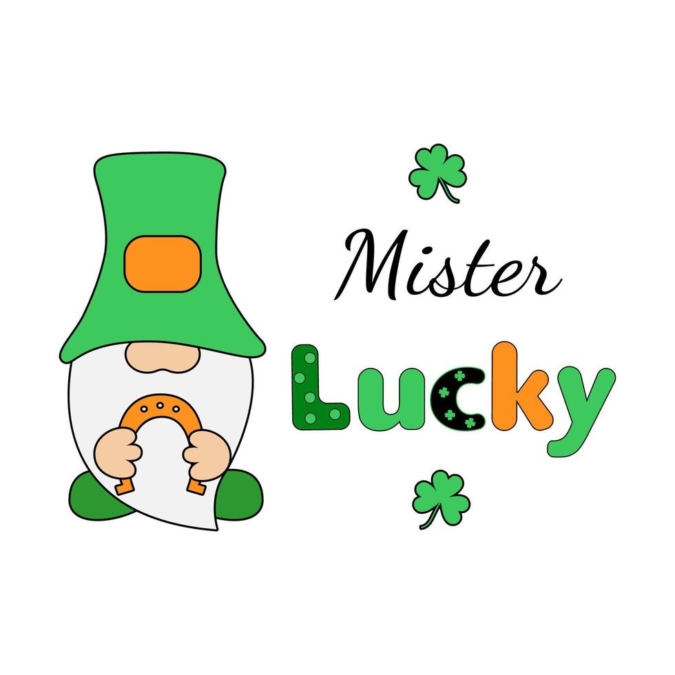 Mister Lucky holiday quote with Gnomes. Creative design for St. Patrick's Day. Stock vector illustration isolated on white background. Poster, banner, greeting card design element.