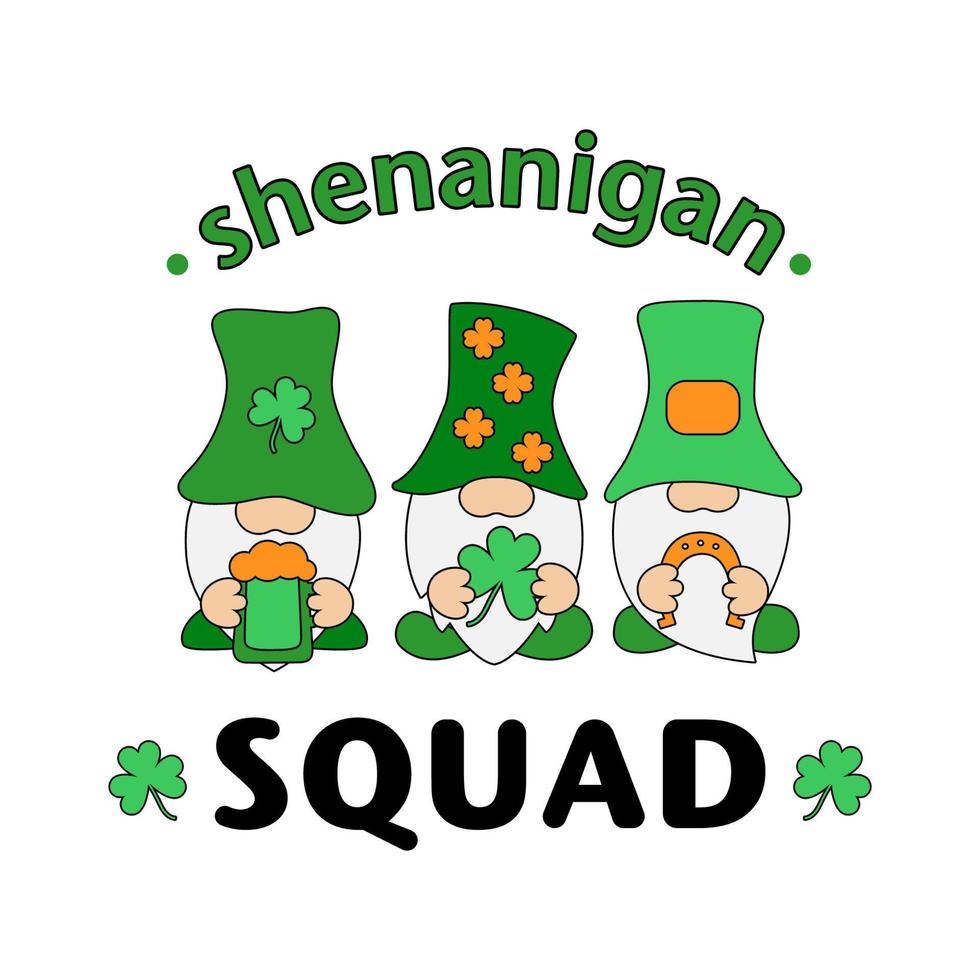 Shenanigan Squad humoring motivating slogan for St. Patrick's Day. Quote with leprechaun. Stock vector illustration isolated on white background.