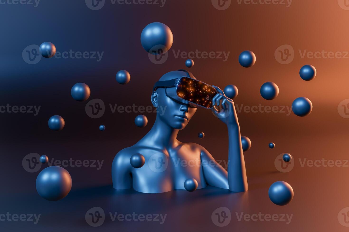 3d female bust with virtual reality goggles and spheres around photo