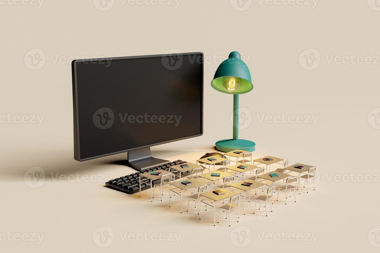 computer screen with school desks and a lamp illuminating photo