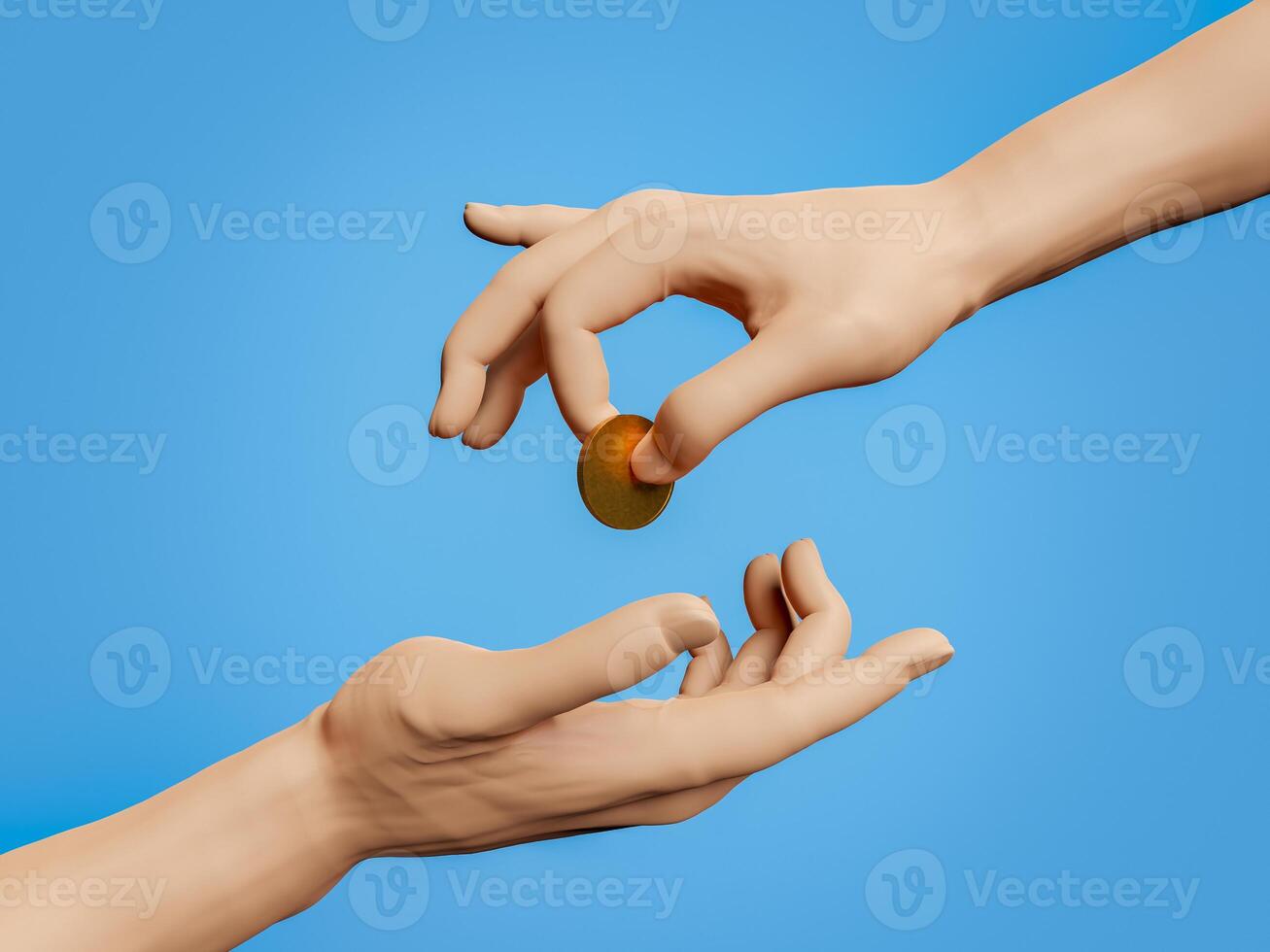 Hand giving a gold coin to another hand photo