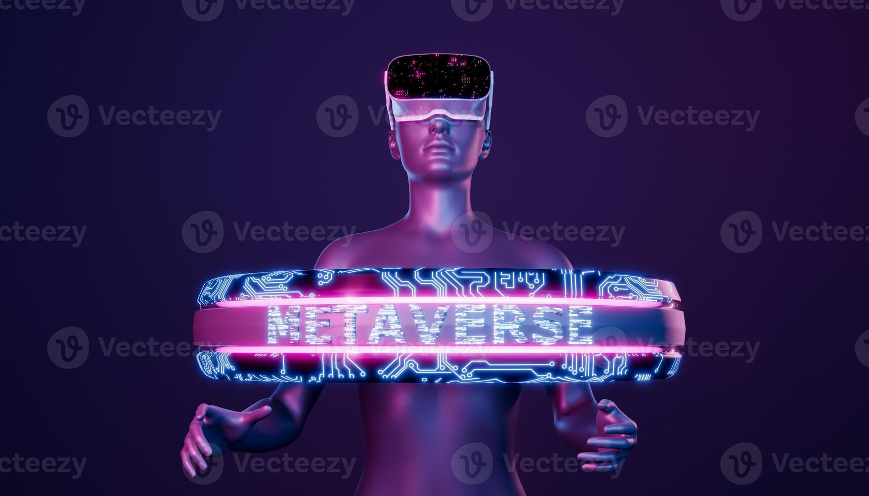 3d girl with futuristic VR glasses and metaverse ring photo