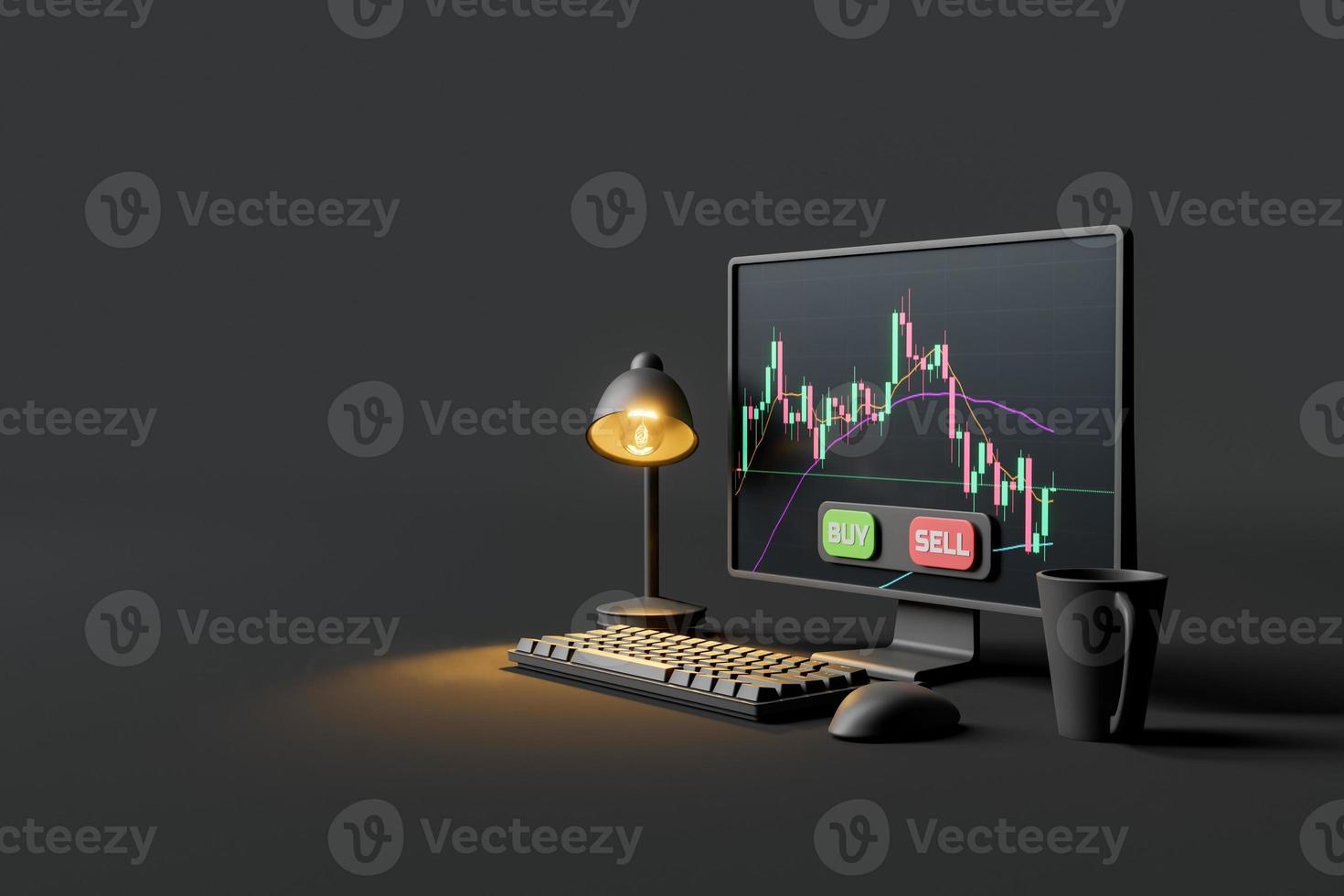 computer screen with candlestick chart and lamp photo