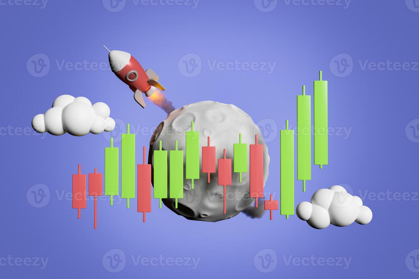 rising candlestick chart with a rocket flying over the moon photo