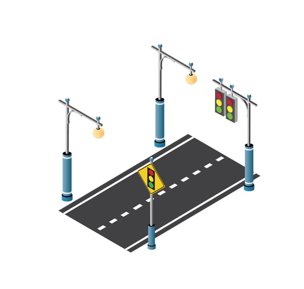 The road streetlight traffic signs set with lanterns and urban lighting, crossroad intersection road street of downtown in the town of the city. Isometric cityscape vector modern urban game background