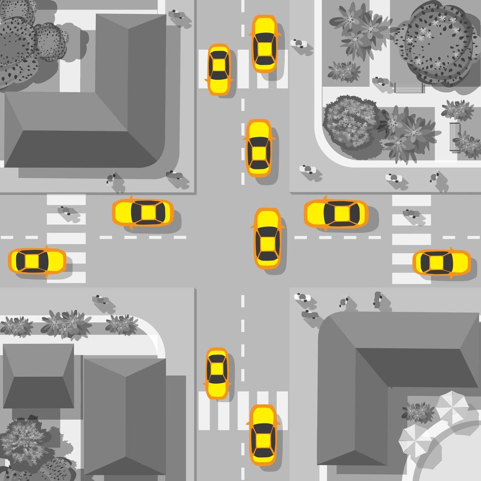 vista superior de la ciudad. encrucijada urbana con taxis y casas, peatones vector