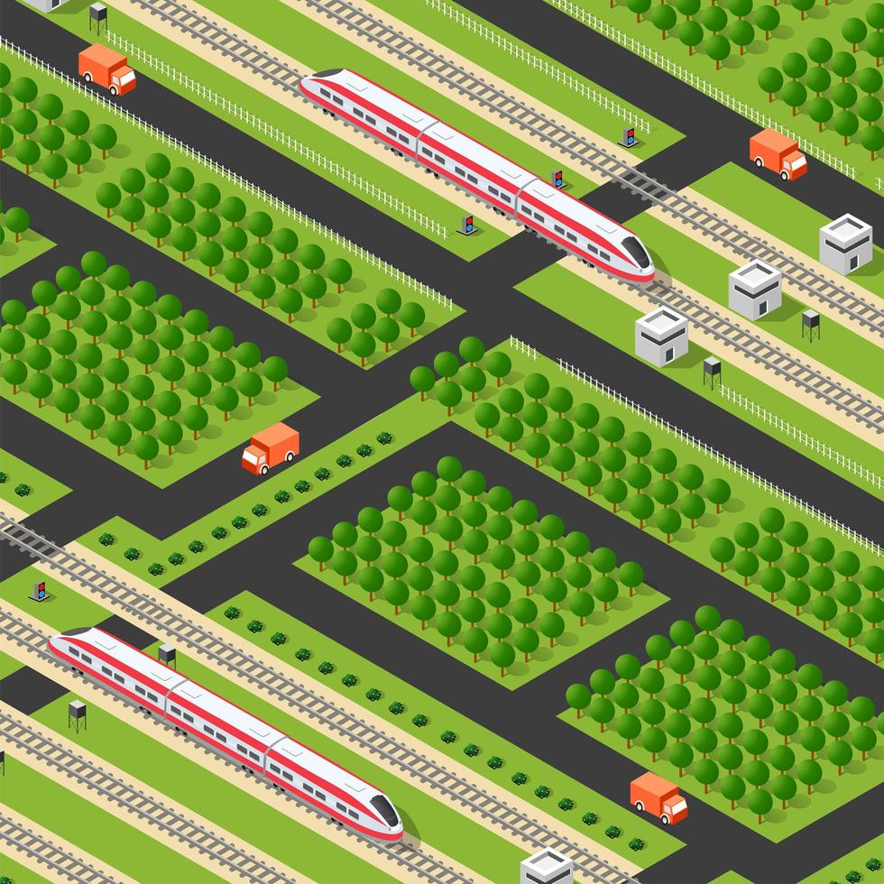 Fast modern high-speed train and cars. Vector flat 3d isometric illustration