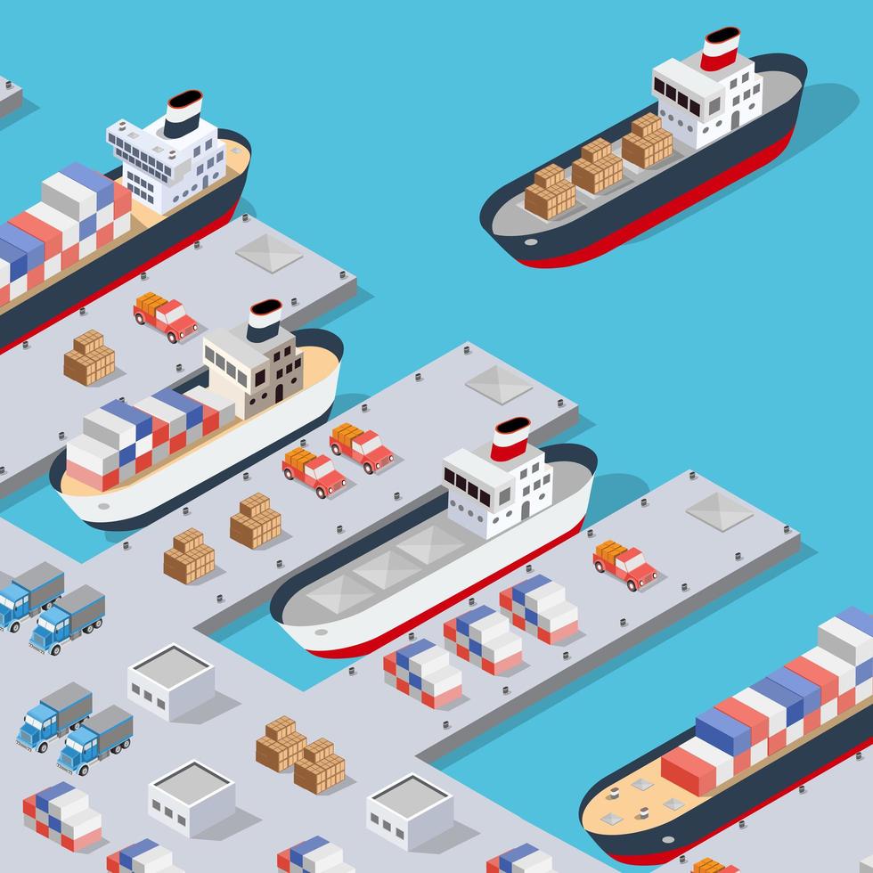 Isometric City industrial port with transport boat and naval ships vector