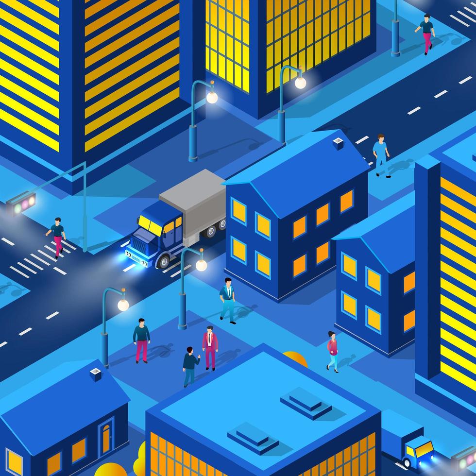 la noche ciudad gente fondo 3d ilustración neón vector