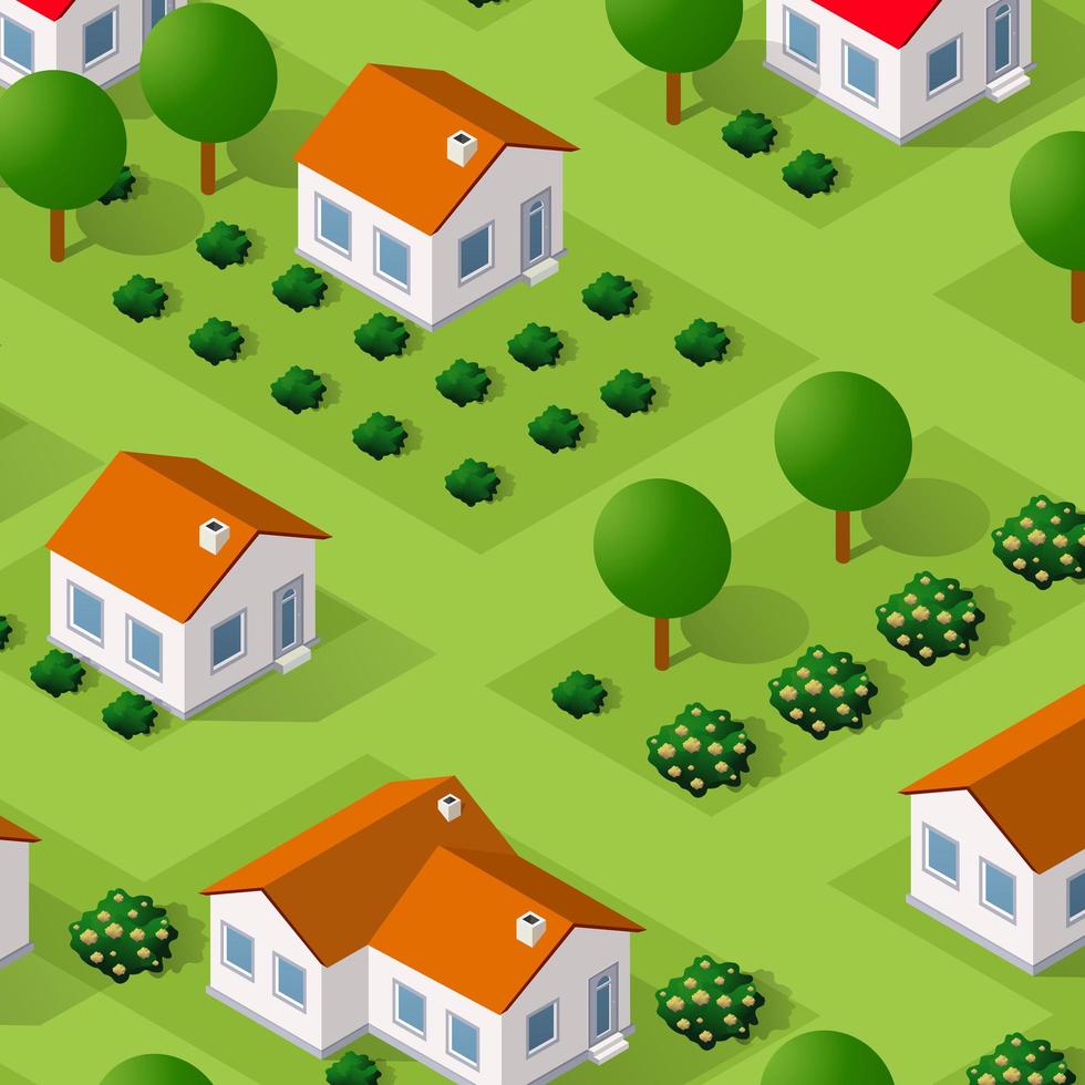 Rural isometric ranch farm with trees fields and garden bed vector