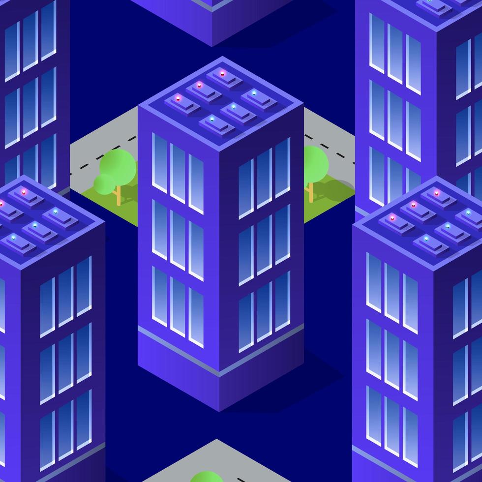 Isometric night quarter of the city with houses vector