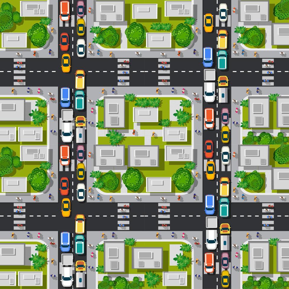 Road top view with highways many different vehicles. vector